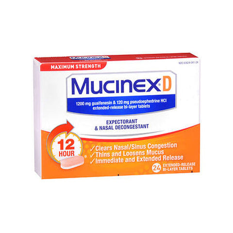 Mucinex, D Expectorant & Nasal Decongestant 12 Hour Extended-Release Bi-Layer Tablets Maximum Strength, 24 Tabs Mucinex