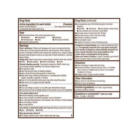 Bayer, Genuine Aspirin Pain Reliever Fever Reducer Coated Tablets, 325 Mg, 100 Count