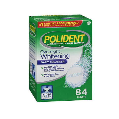 Polident, Overnight Whitening Antibacterial Denture Cleanser, 84 tabs Polident