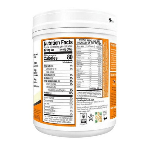 Growing Naturals, Organic Rice Protein Powder Vanilla Blast, Vanilla Blast 16.4 oz Growing Naturals