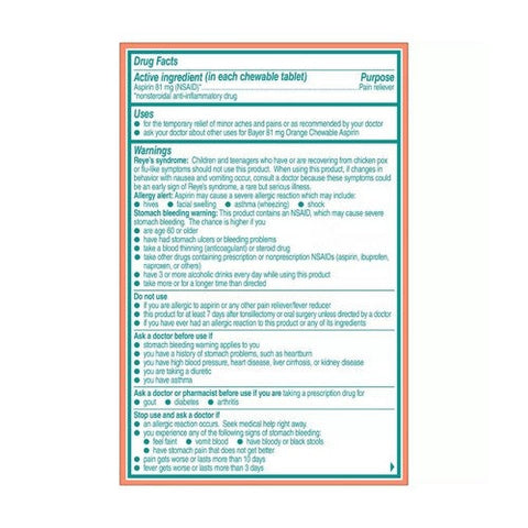 Bayer, Low Dose Aspirin Regimen Pain Reliever Chewable Tablets Orange, 81 Mg, 108 Count