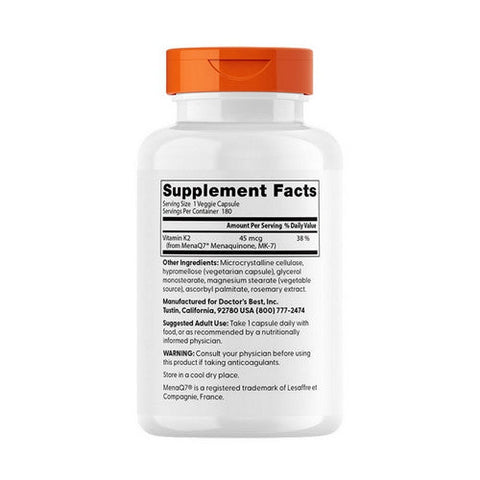 Doctors Best, Natural Vitamin K2 MK-7 with MenaQ7, 45 Mcg, 180 Veggie Caps Doctors Best