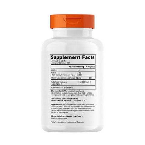 Doctors Best, Collagen Types 1 and 3 With Peptan and Vitamin C, 1,000 Mg, 540 Tablets Doctors Best