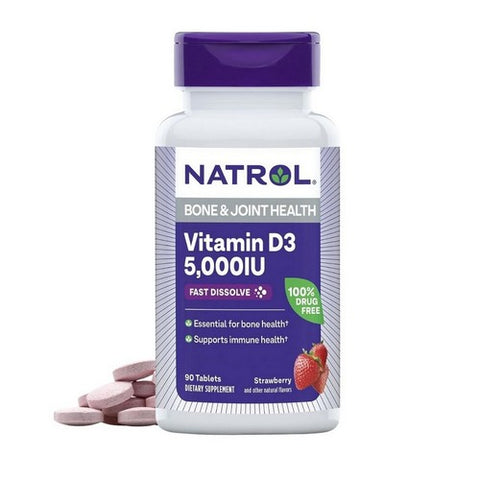 Natrol, Vitamin D3 Bone And Joint Health Strawberry, 5000 IU, Strawberry 90 Tabs Natrol