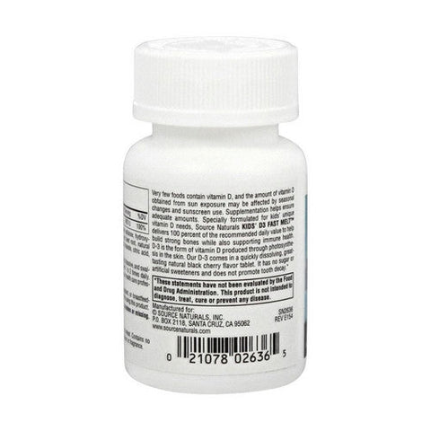 Source Naturals, Kids D-3 Fast Melt, 400 IU, Black Cherry 100 Tabs Source Naturals