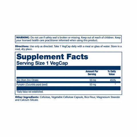Solaray, Zinc Citrate With Pumpkin Seed, 50 Mg, 60 Veg Caps Solaray