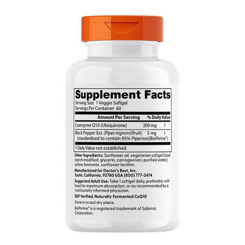 Doctors Best, High Absorption COQ10 with Bioperine, 200 mg, 60 Veggie Softgels Doctors Best