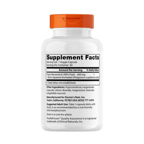 Doctors Best, Trans-Resveratrol, 600 mg, 60 Veggi Caps Doctors Best