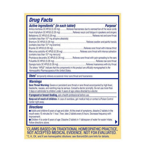 Boiron, Throatcalm Sore Throat Relief For Ages 4 Plus Years Unflavoured, 60 Tabs Boiron
