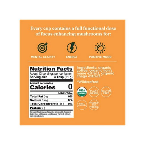 Four Sigma Foods Inc, Organic Coffee With Lion'S Mane And Chaga Mushrooms Ground Dark Roast, 10 Oz Four Sigma Foods Inc