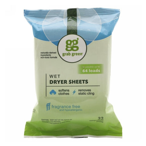 Grab Green, Wet Dryer Sheets, Fragrance Free 32 Count Grab Green