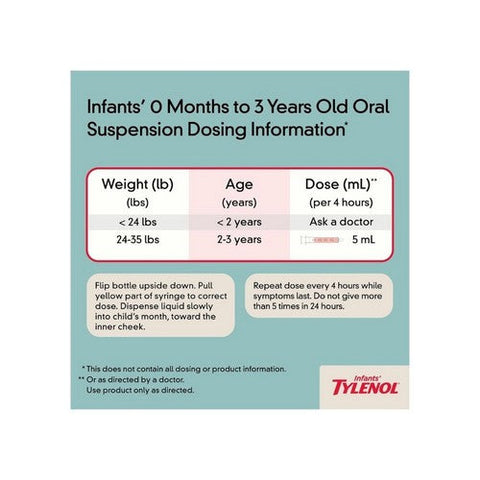Tylenol, Infants' Pain + Fever Acetaminophen Oral Suspension Cherry, 160 Mg, 2 Oz