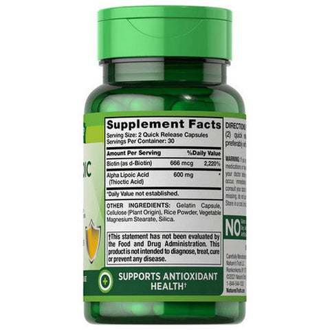 Nature's Truth, Alpha Lipoic Acid Plus Biotin Optimizer Quick Release Capsules, 600 Mg, 60 Caps Nature's Truth