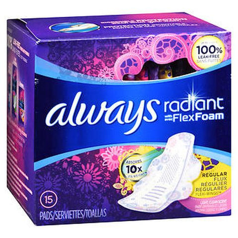 Always Discreet, Always Radiant Pads With Flexi-Wings Regular Flow Light Clean Scent, 15 Each Always Discreet