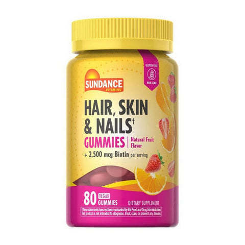 Sundance, Hair Skin And Nails Plus Biotin Vegan Gummies Natural Fruit, 2500 Mcg, 80 Tabs Sundance