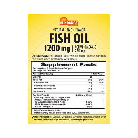 Sundance, Vitamins Fish Oil - Omega-3 Softgels Natural Lemon Flavor, 1200 mg, 90 Tabs Sundance