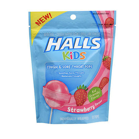 Halls, Kids Cough & Sore Throat Pops Strawberry Flavor, 10 Each Halls