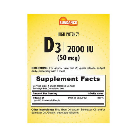 Sundance, High Potency D3 Quick Release Softgels, 2000 IU, 200 Caps Sundance