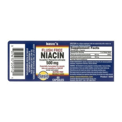 Basic Vitamins, Niacin Capsules Flush Free, 500 mg, 60 Count