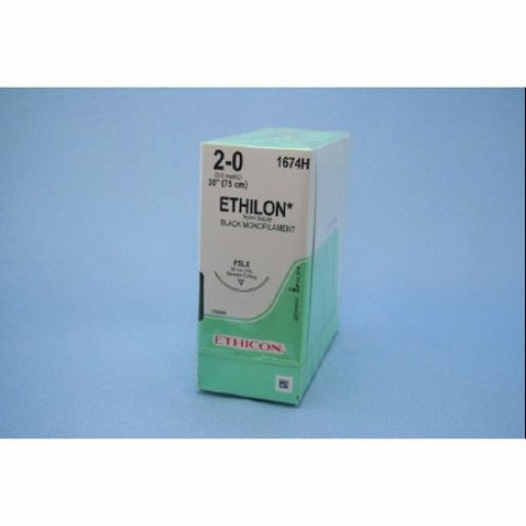 J & J Healthcare Systems, Suture with Needle Ethilon Nonabsorbable Uncoated Black Suture Monofilament Nylon Size 2-0 30 Inch S, Box Of 36 J & J Healthcare Systems
