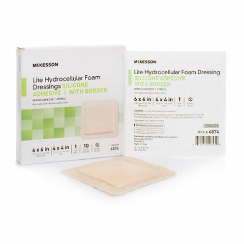 McKesson, Thin Foam Dressing 6 X 6 Inch With Border Film Backing Silicone Gel 4874, Box Of 10 McKesson