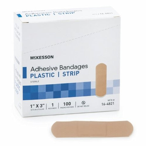 McKesson, Adhesive Strip 1 X 3 Inch Plastic Rectangle Tan Sterile 16-4821, Box Of 100 McKesson