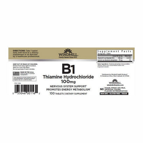 Windmill Health, Vitamin B1 Thiamine Hydrochloride, 100 Mg, 100 Tabs Windmill Health
