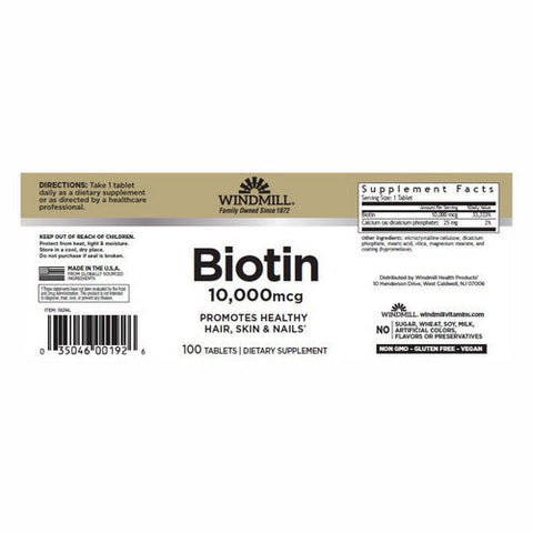 Windmill Health, Biotin, 10,000 Mcg, 100 Tabs Windmill Health