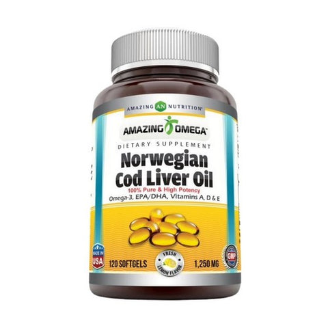 Amazing Nutrition, Amazing Omega Norwegian Cod Liver Oil, 1250 mg, Fresh Lemon 120 Softgels Amazing Nutrition