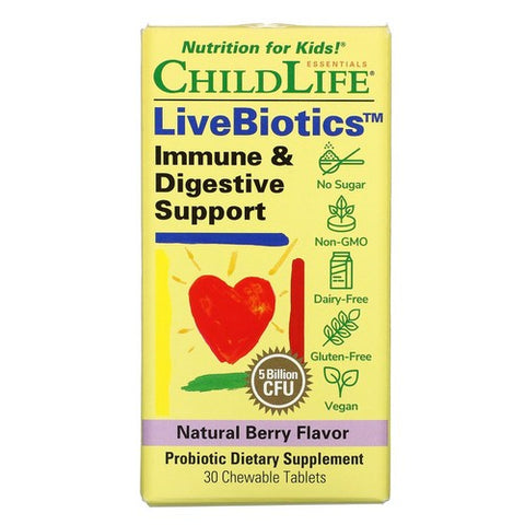Child Life Essentials, LiveBiotics Immune & Digestive Support, 5 Billion CFU, Natural Berry 30 Tabs Child Life Essentials