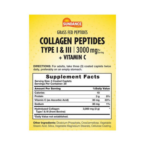 Sundance, Hydrolyzed Collagen Type I & Iii + Vitamin C Coated, 3000 Mg, 60 Caplets Sundance