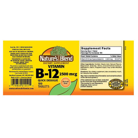 Nature's Blend, Vitamin B-12 Quick Dissolve Cherry Flavor, 2500 mcg, 100 Tabs Nature's Blend
