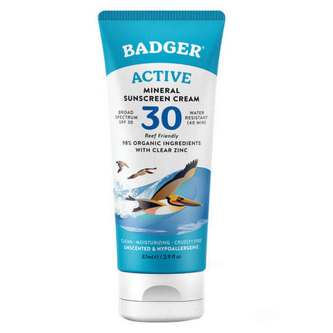 Badger Balm, SPF 30 Active Mineral Sunscreen Cream Unscented, 2.9 Oz Badger Balm