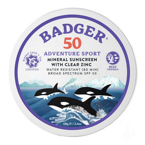 Badger Balm, Adventure Sport Mineral Sunscreen with Clear Zinc SPF 50 Unscented, 2.4 Oz Badger Balm