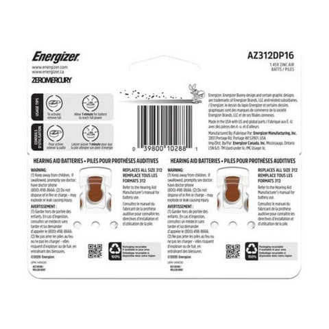 Energizer, Hearing Aid Batteries Size 312, 16 Each Energizer