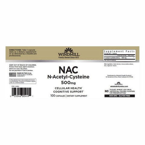 Windmill, NAC (N Acetyl Cysteine), 500 Mg, 100 Capsules Windmill
