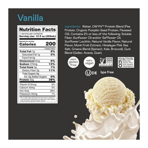 Owyn, Plant Based Pro Elite Vanilla Protein Drink, 12 Oz(Case Of 12) Owyn