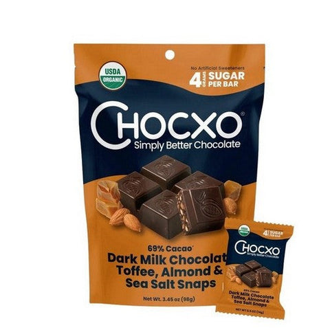 Chocxo, Organic Dark Milk Chocolate Toffee Almond And Sea Salt, 3.45 Oz(Case Of 6) Chocxo
