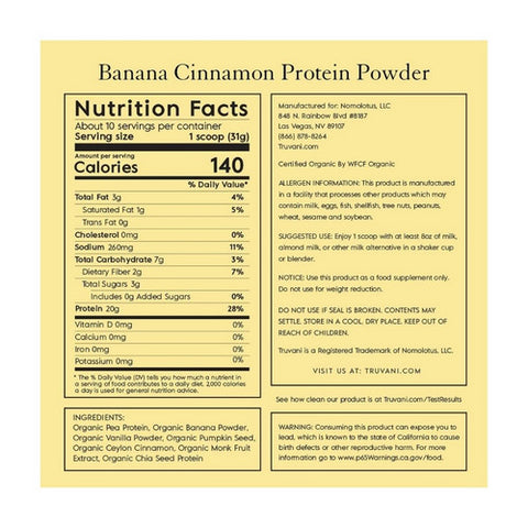 Truvani, Organic Plant Protein Powder Banana Cinnamon, 11.1 Oz Truvani
