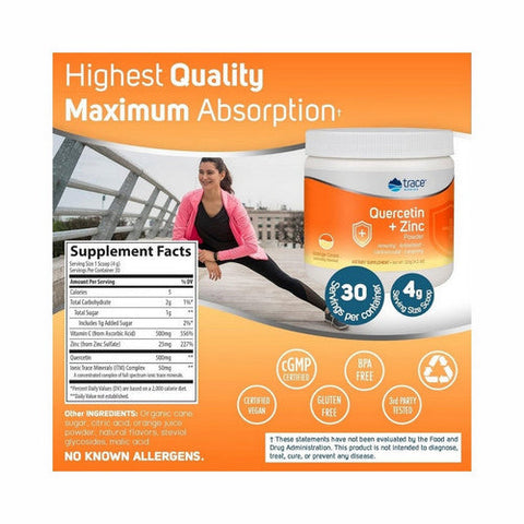 Trace Minerals, Quercetin + Zinc Powder Orange Cream Flavor, 500 mg, 120 Grams Trace Minerals