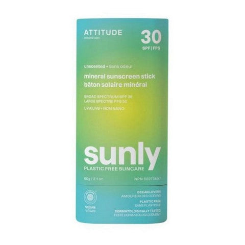 Attitude, Mineral Sunscreen Stick SPF 30 Sunly Plastic Free Unscented, 2.1 Oz Attitude