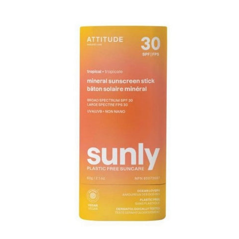 Attitude, Tropical Mineral Sunscreen Stick SPF 30 Sunly Plastic Free, 2.1 Oz Attitude