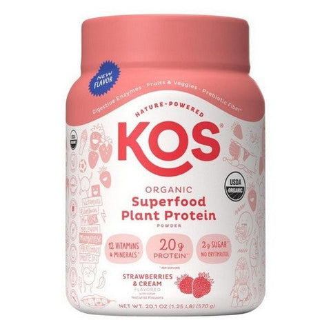 Kos, Organic Superfood Plant Protein Powder Strawberry Cream, Strawberries And Cream 20.1 Oz Kos