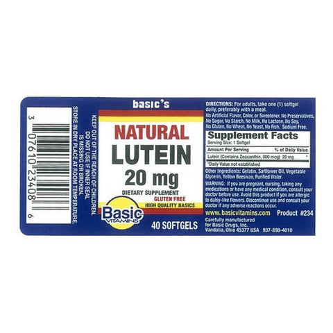 Basic Vitamins, Natural Lutein, 20 Mg, 40 Softgels Basic Vitamins