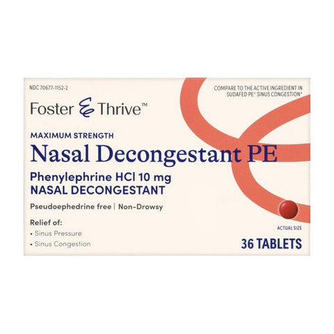 Foster And Thrive, Maximum Strength Nasal Decongestant Pe Phenylephrine Hcl, 10 Mg, 36 Tabs Foster And Thrive