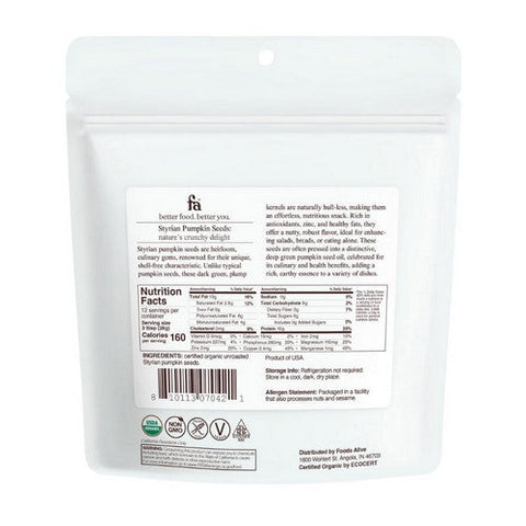 Foods Alive, Organic Styrian Pumpkin Seeds, 8 Oz