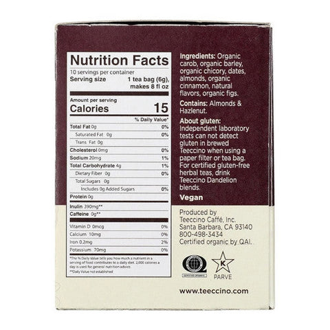 Teeccino, Snickerdoodle Chicory Herbal Tea, 10 Bags Teeccino