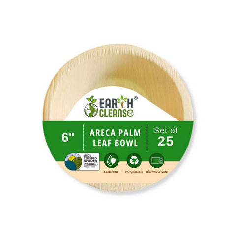 Earth Cleanse, Areca Palm Leaf Bowls Round 6-Inch, Pack of 25