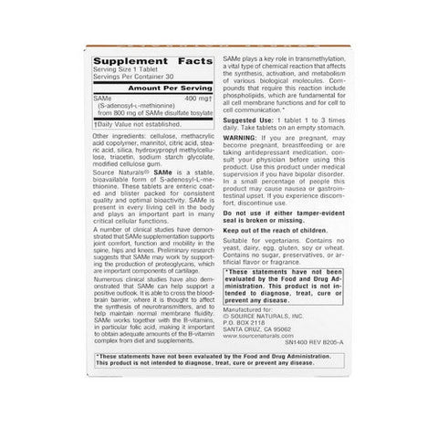 Source Naturals, Same (S-Adenosyl-L-Methionine), 400 MG, 30 Tabs Source Naturals