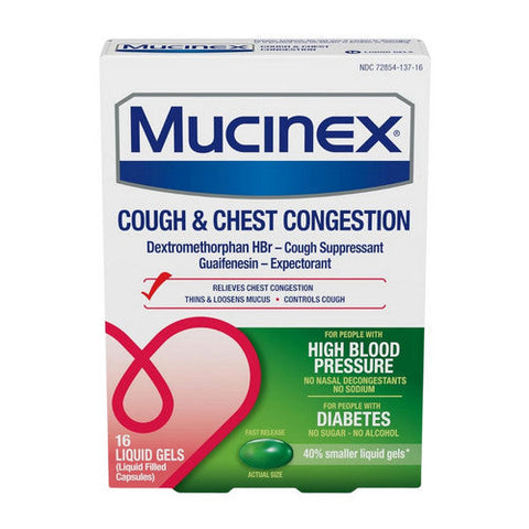 Mucinex, Cough & Chest Congestion Liquid Gels For People With High Blood Pressure & Diabetes, 16 Count Mucinex